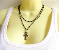 rosary style double strand beaded egyptian ankh necklace stylish goth double chain black beaded choker