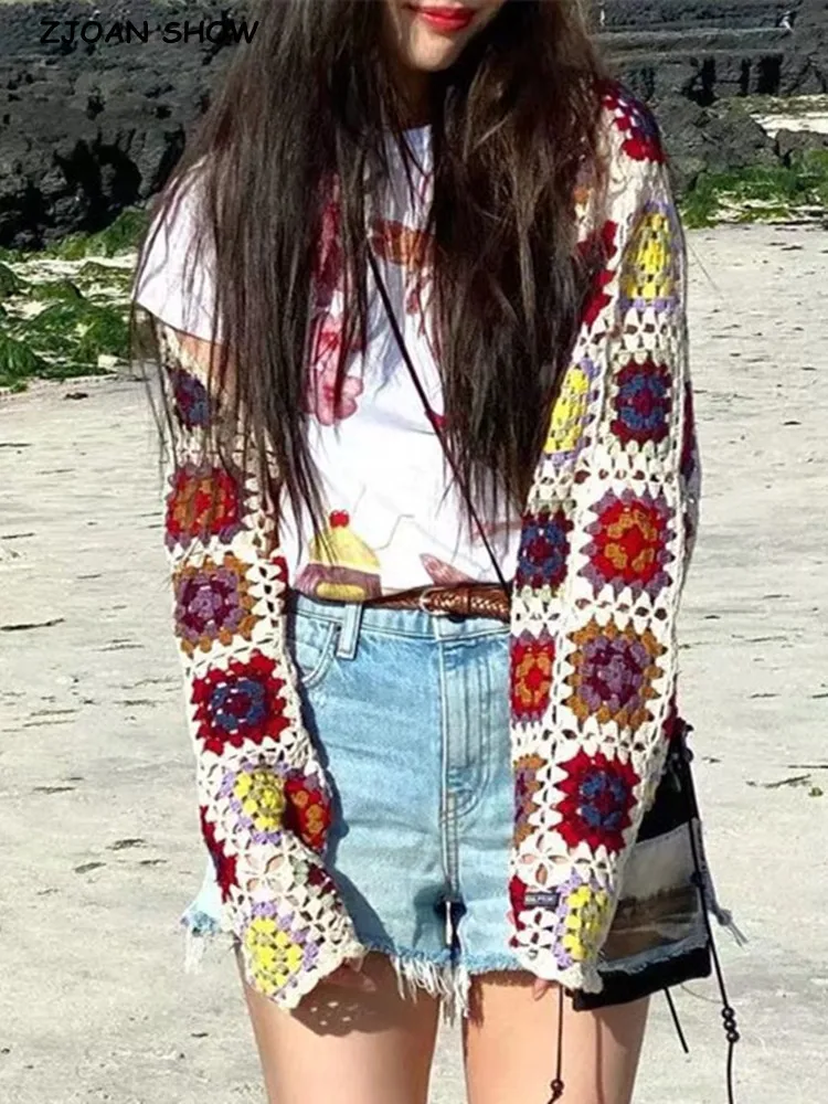 

2022 BOHO Lacing up Colored Striped Hand Crochet Cardigan Women Bandage Scarf Shawl Sweater Beach Cover Tops