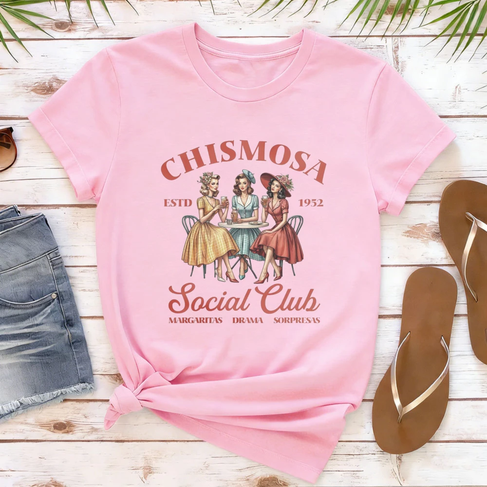 Фото Футболка Chismosa Social Club: Забавный подарок для латиноамериканок, модная хиспанская футболка, ретро-футболка для женщин в мексиканском стиле, повседневные женские рубашки №1