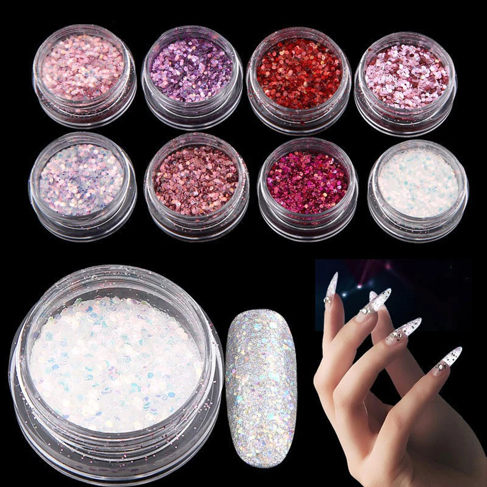 

8Color/Set Holographic Chunky Glitter 1mm 2mm 3mm ultra-thin Solvent Resistant Cosmetic For Face Body Hair Nails &Crafts Glitter