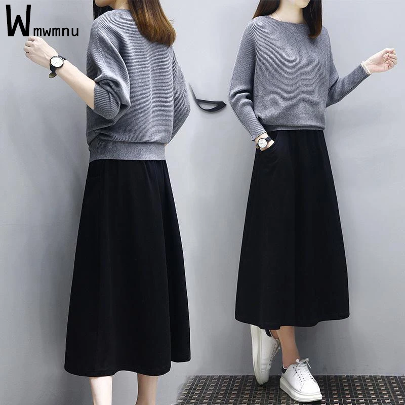 

Women Black Knitted Tops 2 Piece Sets Ladies Autumn Solid Full Sleeve O Neck Sweater and Basic High Waist Midi Skirts Outfits