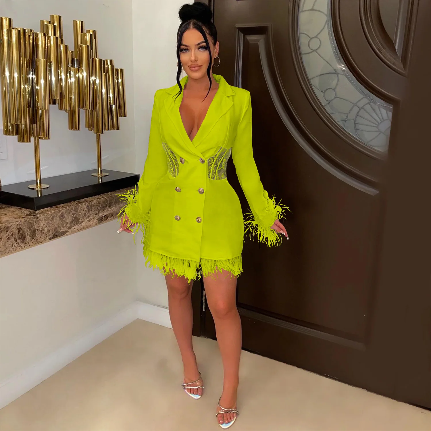 

Leosd Sexy Women Feather Patchwork Blazer Mini Dress V Neck Long Sleeve Double Breasted Bodycon Short Vestidos Night Club Party