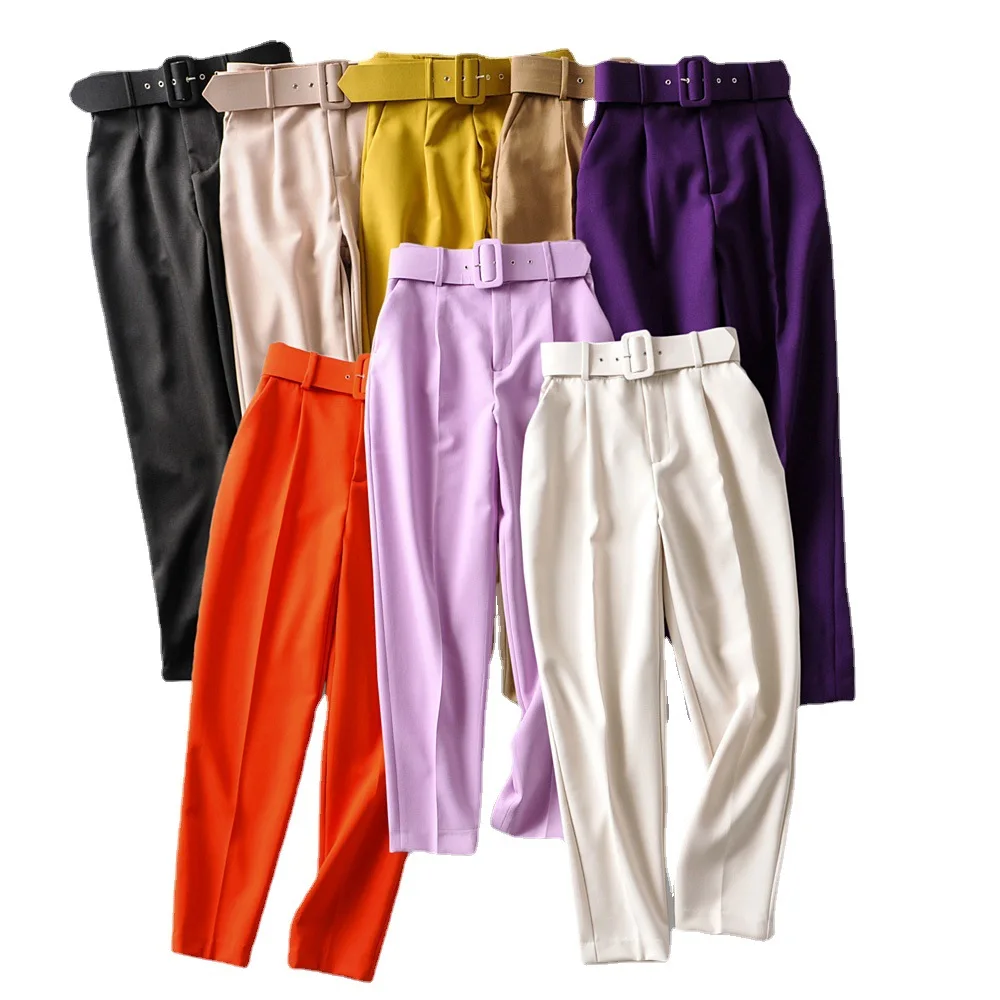 

Autumn New Women's Candy Color Slim Fit Belt Accessories High Waist Casual Pants Solid Color Suit Nine-point Pants