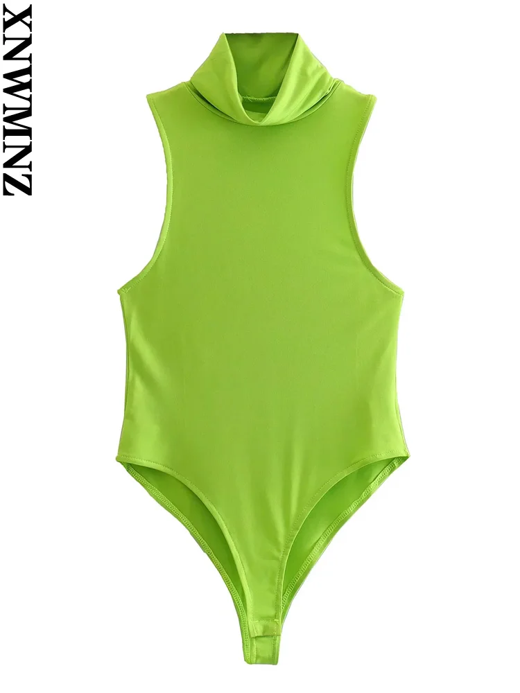 

XNWMNZ Ladies Elegant Solid Soft Bodysuit 2022 Fashion Ladies Stand Collar High Street Bodysuit Girls Chic Sexy Jumpsuit