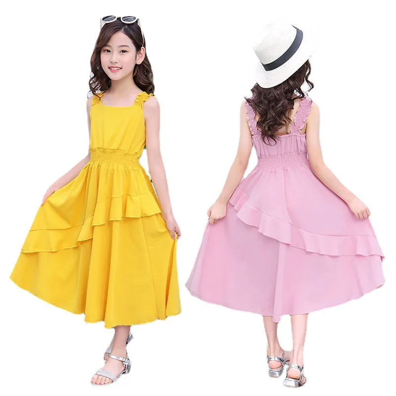 

2023 Summer Causal Sleeveless Draped Long Dress Girls For 3-16 Year Solid Suspender Dress Kids Backless Off The Shoulder Clothes