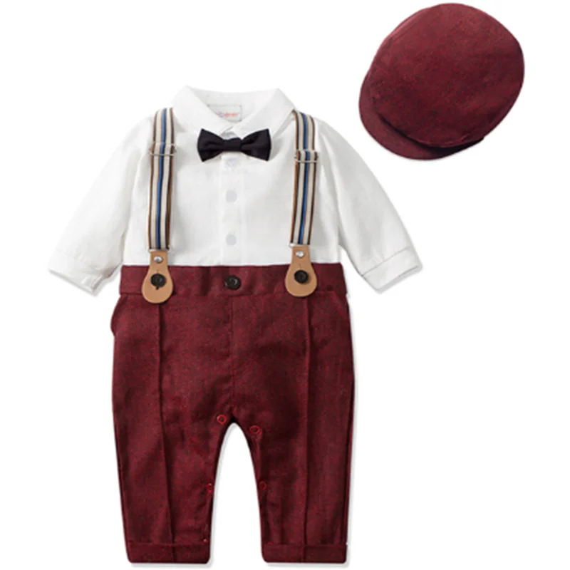 

Baby Boys Gentleman Suit Formal 1st Birthday Newborn Outfit One-piece Jumpsuit+Beret+Bowtie+Suspender Toddler Clothes