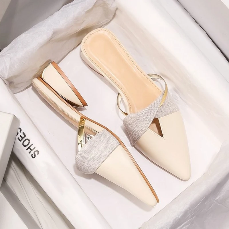 

Elegant Low Heel Women Mules Summer Sexy Pointed-Toe Ladies Slippers Slip on Leisure Ladies Office Shoes Beige Pumps Female