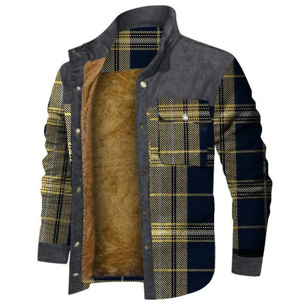 

Fleece Patchwork Lapel Plaid Winter Men's Jacket Stand Collar Daliy Work Street Wear Thick Warm Comfortable Male Jacket Coat