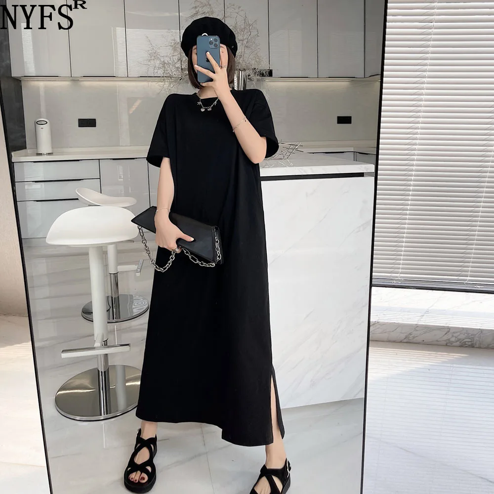 

NYFS 2022 Summer New Korea Loose Woman Dress Vestidos Robe Elbise Cotton Short Sleeve Plus size Solid Split Long Dresses