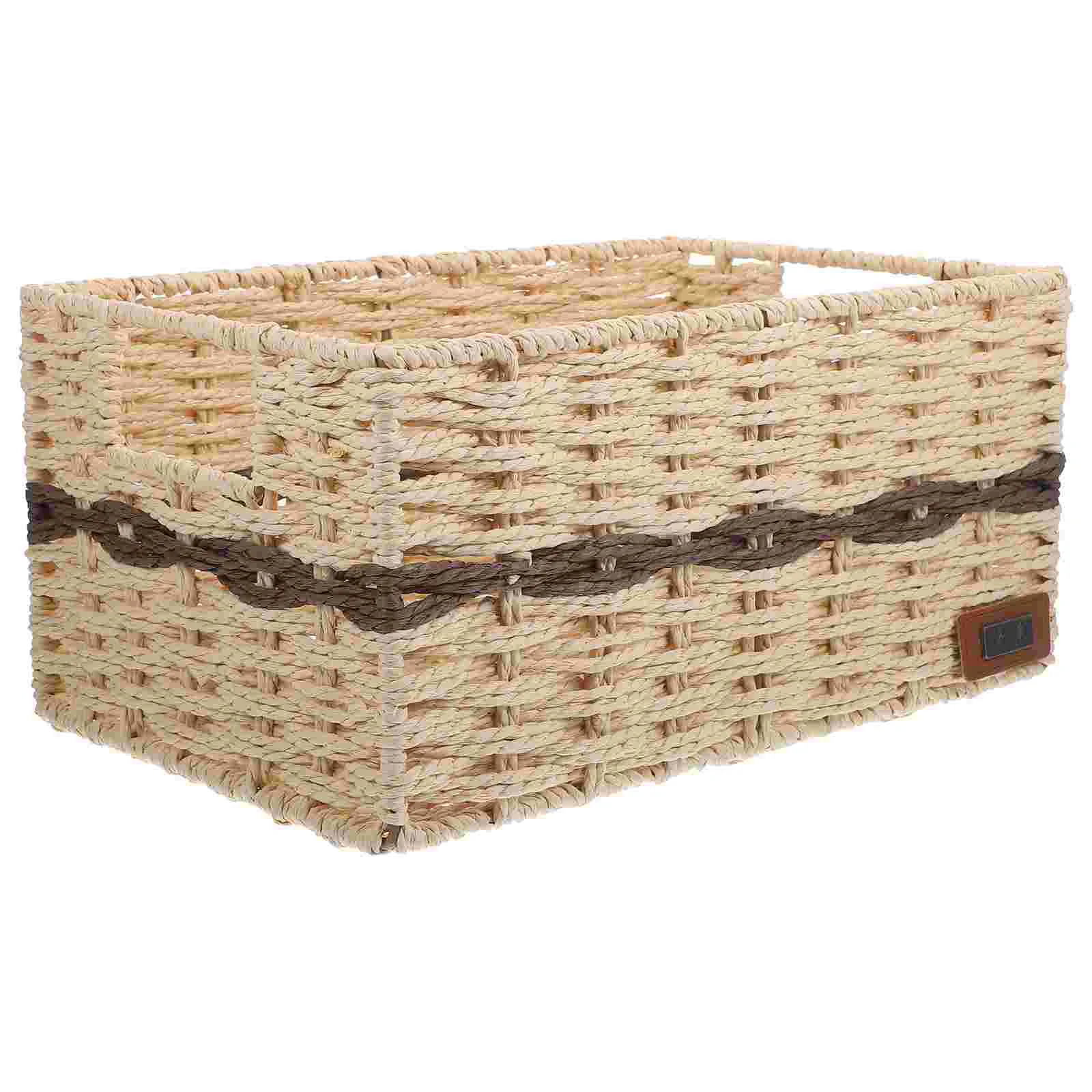 

Straw Storage Basket Baskets Handle Desktop Woven Container Lid Organizer Sundries Paper Bins Lids