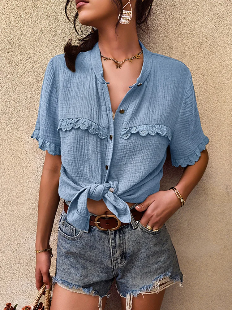 

Summer Single Breasted Blouses Women Cotton 2022 New Short Sleeve Loose O Neck Fashion Sexy Shirt Top Casual