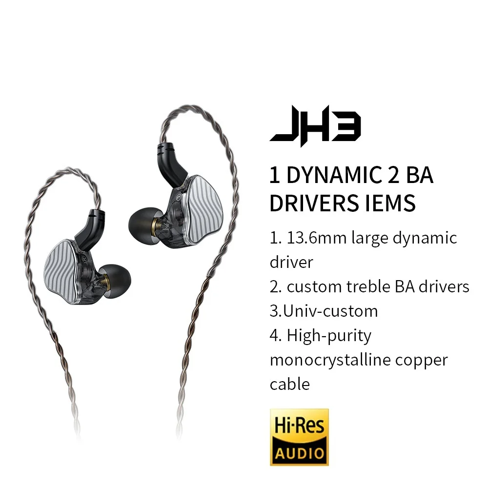 

JH3 1DD+2BA Triple Hybrid Driver In-ear Earphone IEM HiFi Audio with Detachable 0.78 Cable Bass