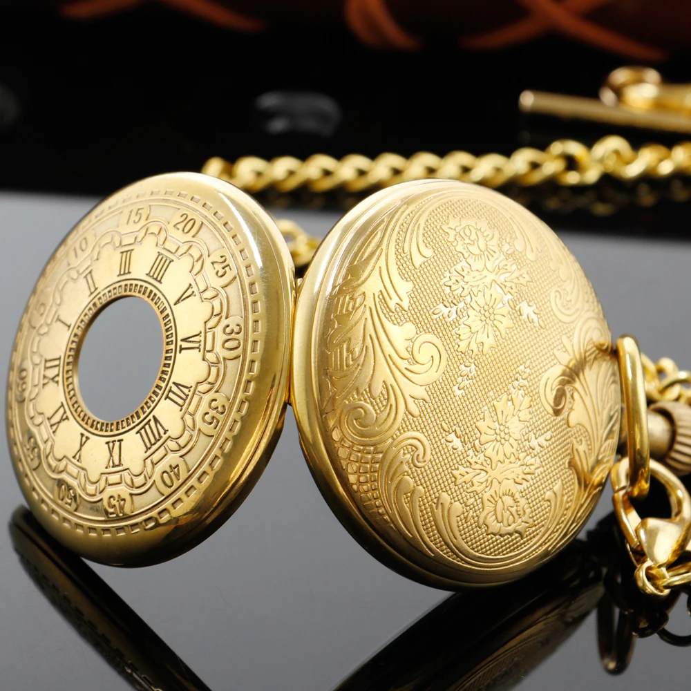 Deluxe Gold Flywheel Mechanical Automatic Chord Pocket Watch Roman Digital Skull Dial Pendant Automatic Antique Clock Gift