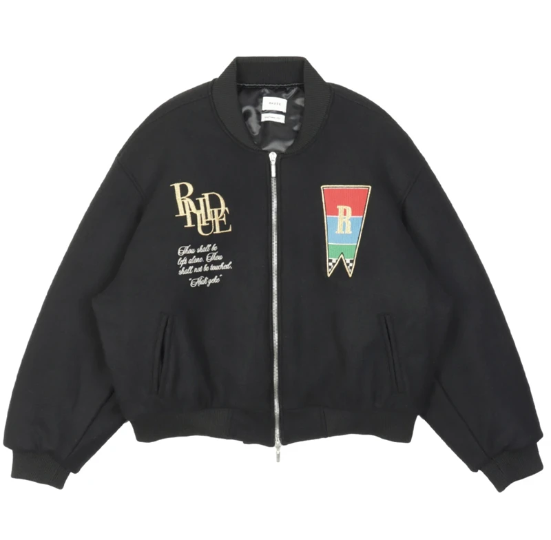 

Rhude Vintage Floral Letter Embroidered Wool Baseball Jacket Men Women 1:1 Top Quality Baseball Uniform Outwear Coat
