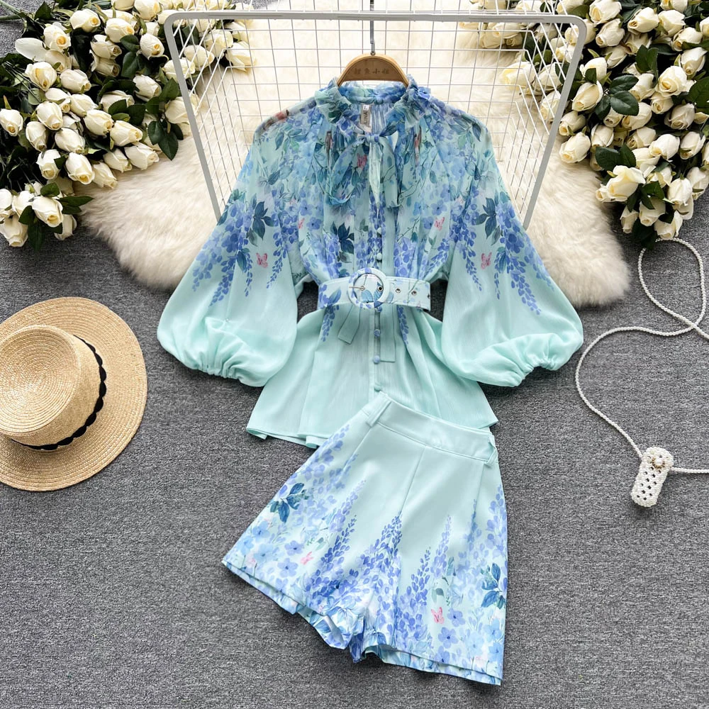 

French Printing Suit Women's Summer New Fashion Thin Long Sleeve Shirt + Shorts Two-piece Sets G803
