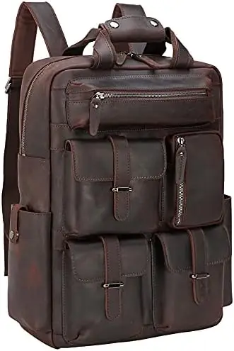 

Men's Vintage Leather 15.6 Inch Laptop Backpack Multi Pockets Business Travel Daypack