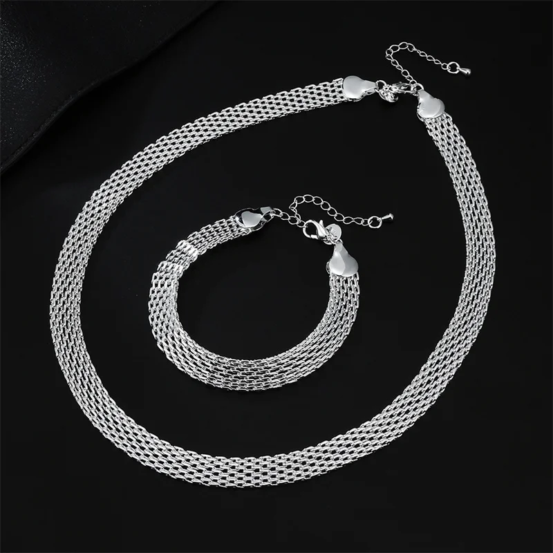 

Hot 925 Sterling Silver Creative Mesh Chain Bracelet Necklace for female fashion designer party wedding jewelry set Gift
