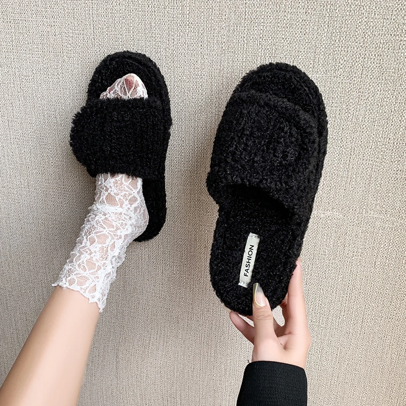 

Faux Fur Home Slippers Fluffy Women Slides Comfort Furry Flat Sandals Female Cute Slippers Shoes for Woman Indoor Flip Flops