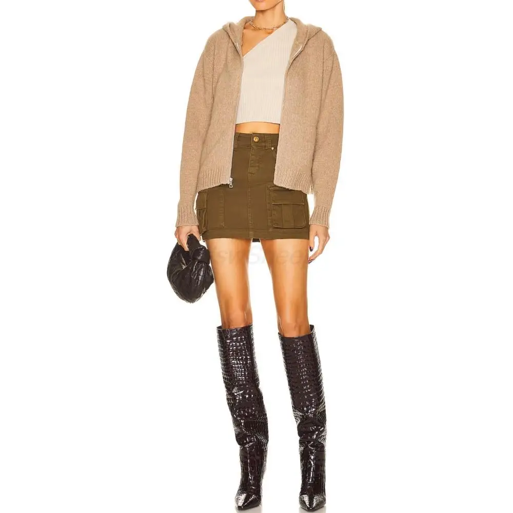 

Ladies 100% Cashmere Knit Cardigan Coat Long Sleeve Zipper With Hood Sweater Fashion Pure Color Elegant Women's Clothing