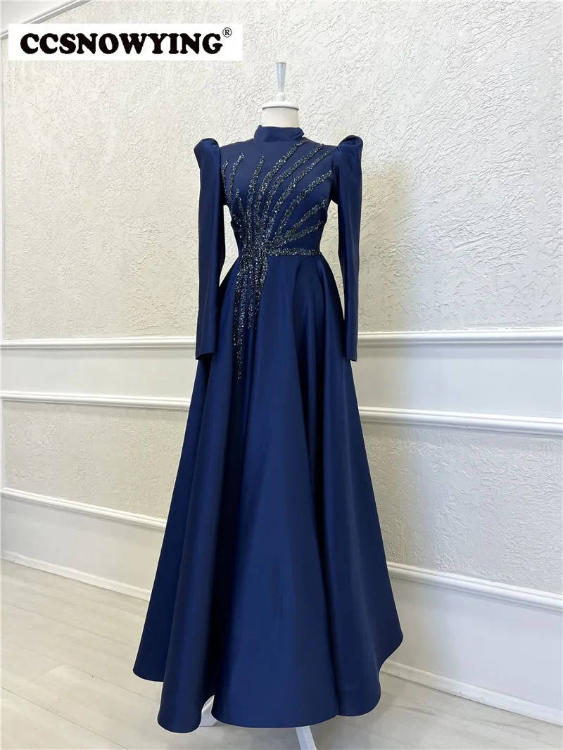 

Navy Satin Beaded Long Sleeve Muslim Evening Dresses Arabic Dubai Hijab Prom Formal Party Gown A Line Robes De Soirée