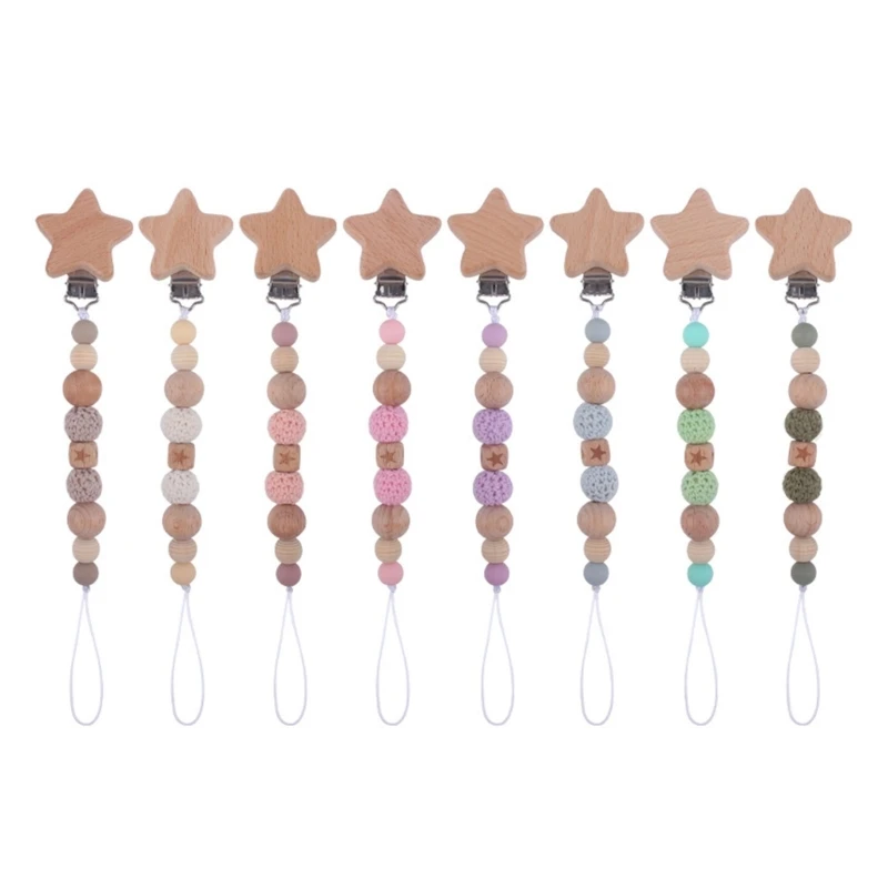

Beech Wooden Bead Star Pacifier Clip Soother Holder Baby Bibs Clip Toddler Dummy Chain Nipple Clips Infant Shower Gift