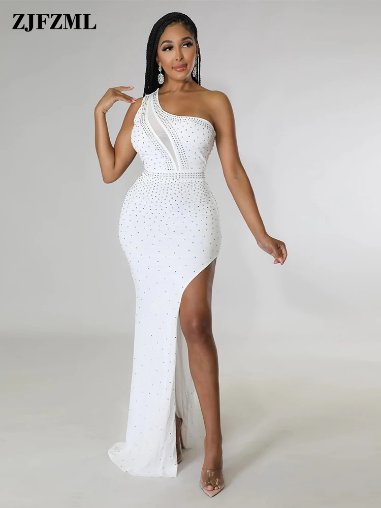 

Элегантные Вечерние Платья Стразы для женщин 2022, праздничная одежда, летнее платье с наклонными плечами и высоким разрезом