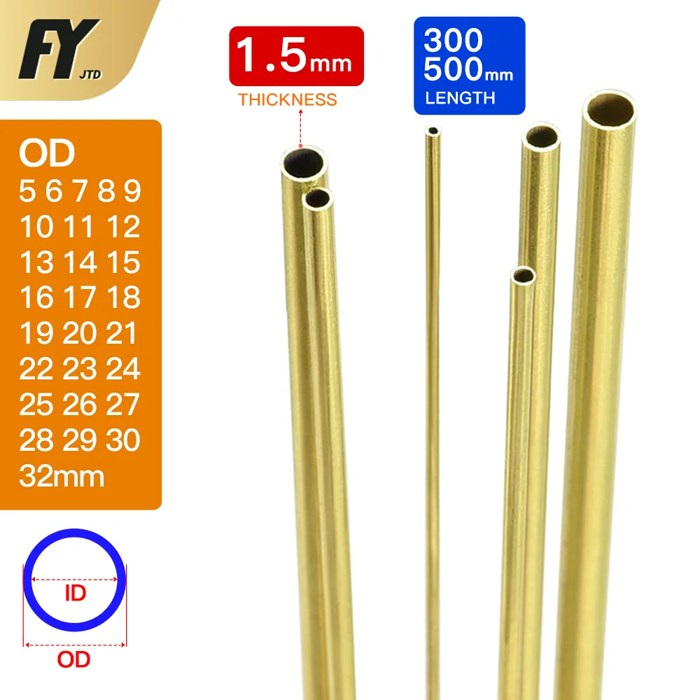 

Brass pipe 1.5mm wall thickness 5-32mm OD brass tube 300mm 500mm length Straight tubing outer diameter modeling rod cutting DIY