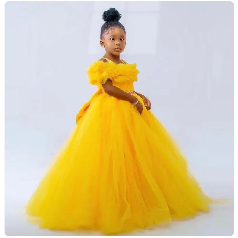 

Yellow Fluffy Lovely Daughter Birthday Party Gowns Jewel Neck Ruffles Jewel Princess Bow Flower Girls Dresses Toddler Prom Skirt