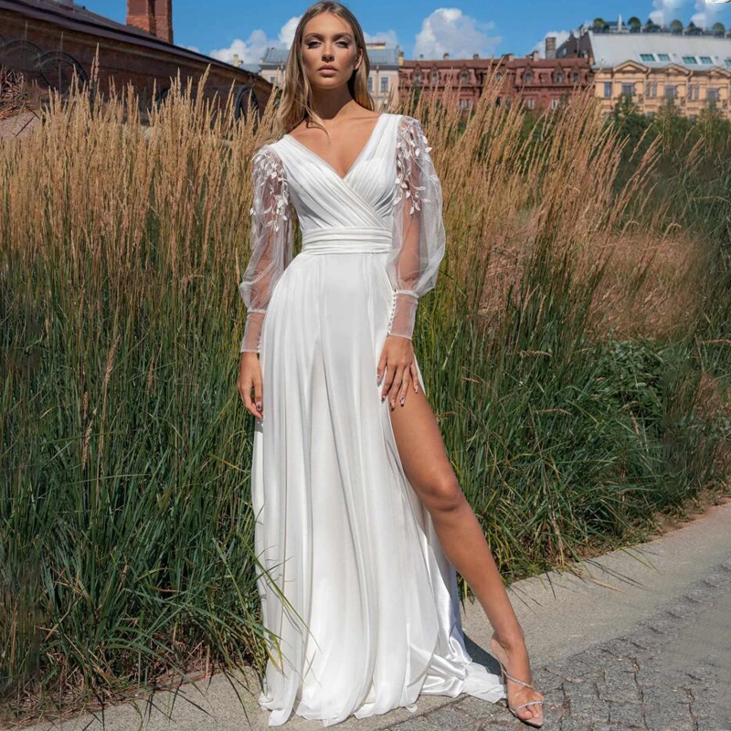 

Sexy V Neck Long Sleeve Slit Appliques Pleats Belt Chiffon Zipper A-Line Wedding Dress Bridal Gown Vestido De Noiva