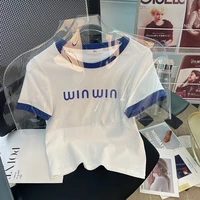 summer round neck color matching women fashion top new short sleeve t shirt letter printing cotton t shirts women tees