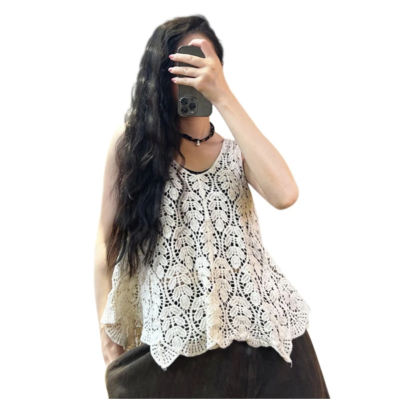 

A0NF Women's Knit Tank Tops Sleeveless Beach Camis Tops Summer Crocheted Vest Tops Vest All-matching Lace Camisole for Daily