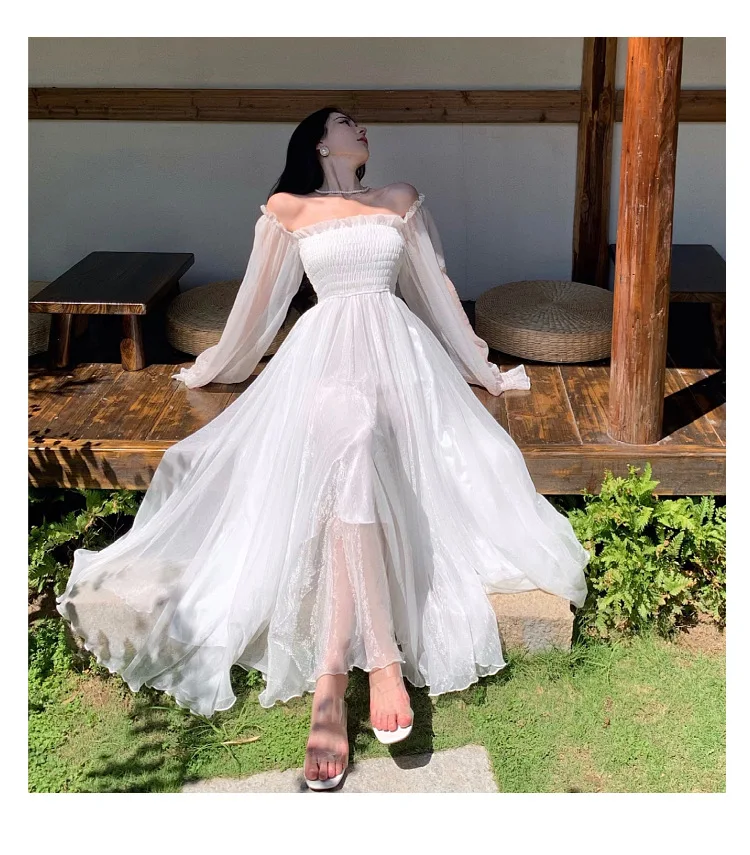 Женское платье Элегантное летнее женское однотонное белое с пышными рукавами