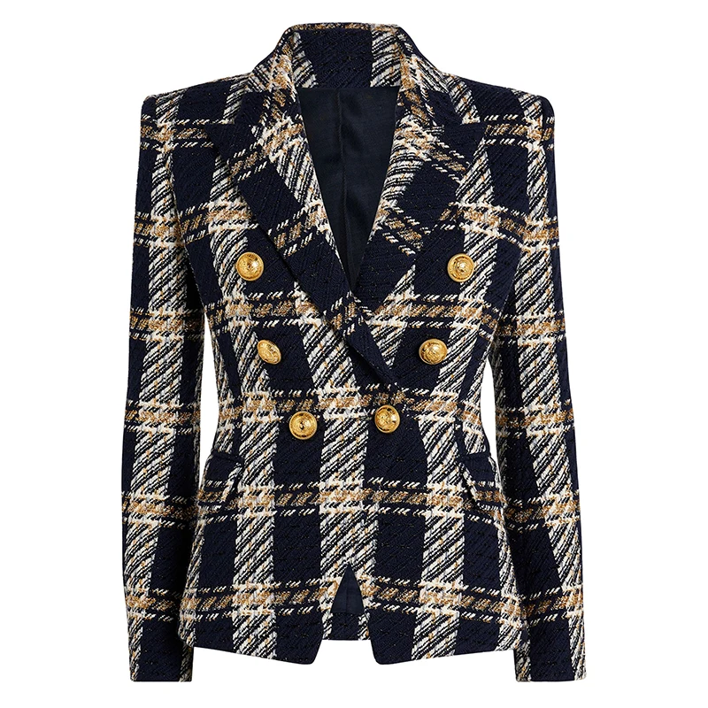 

2022 Designer Jacket HIGH STREET TOP QUALITY Newest Fashion Women's Lion Buttons Double Breasted Plaid Wool Tweed Blazer