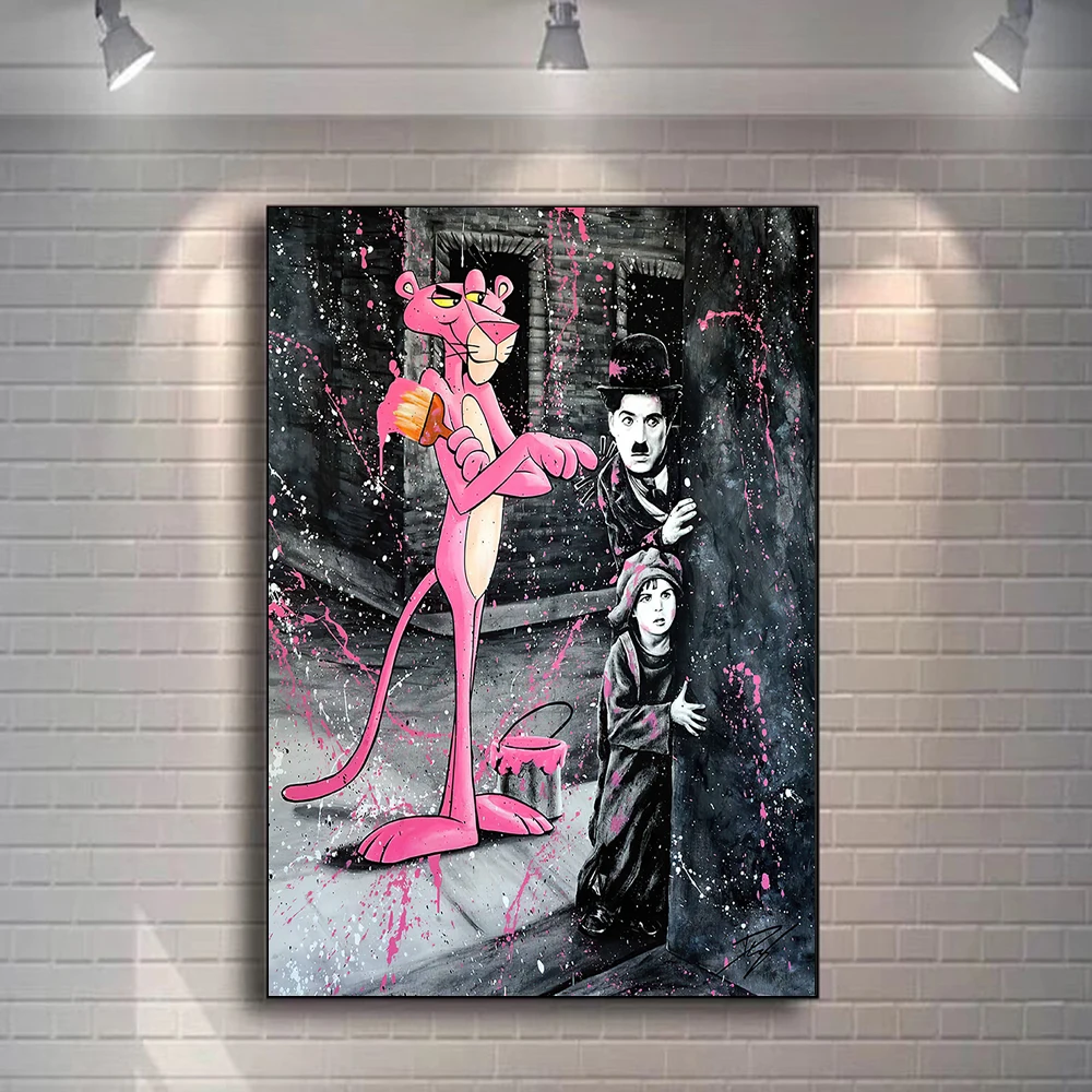 Graffiti Posters Chaplin with Pink Panther Prints Nordic on the Wall Art Canvas Painting for Living Room Home Decor Picture |
