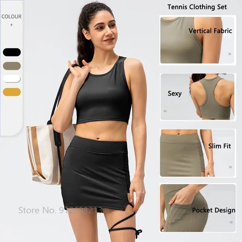 

Women Tennis Crop Top +Tennis Skirt 2PCS Clothing Set High Elastic Sports Fast Drying Fitness Vest +Shorts Sexy Slim Sports Suit