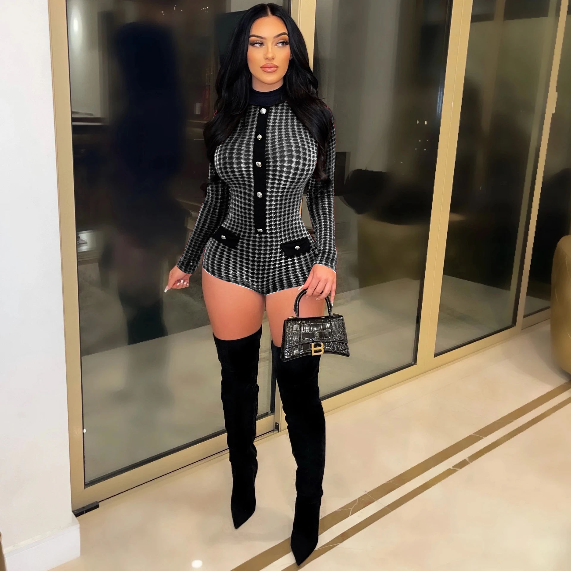 

2022 облегающие комбинезоны с длинным рукавом и принтом «гусиные лапки», женский комбинезон, шорты, элегантная сексуальная одежда для женщин,...