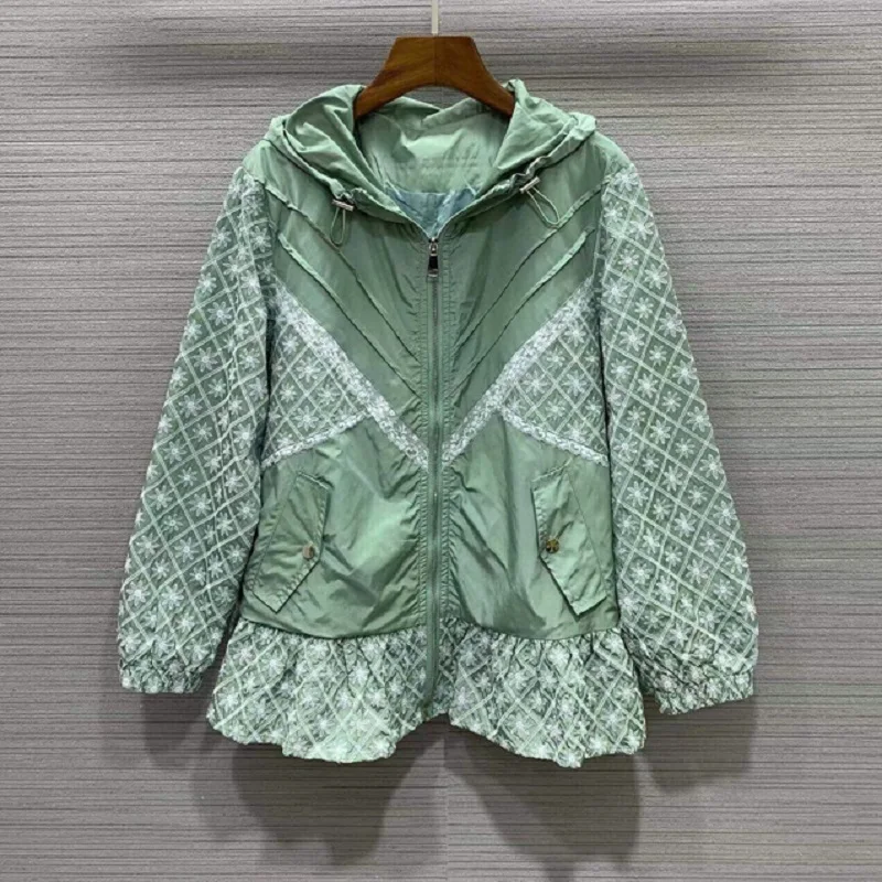 

Куртка с капюшоном, весна-осень 2023, высококачественное пальто, верхняя одежда, женское повседневное пальто на молнии зеленого и синего цвета с изысканной вышивкой