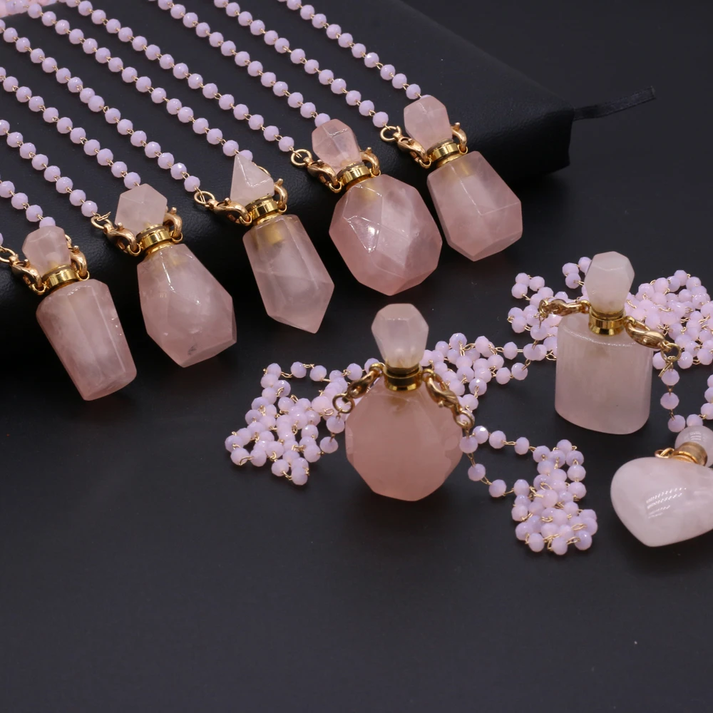 Natural Rose Crystal Pink Perfume Bottle Openable Ball Shape Essential Oil Pendant Perfume Jewelry Women Vial Necklace