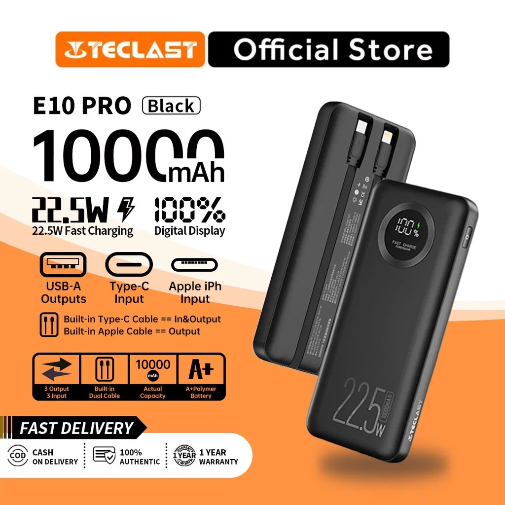 

Teclast E10 Pro 10000mAh 22.5W PD18W Fast Charge Built-in Cable 3 In 3 Out LED Display Powerbank