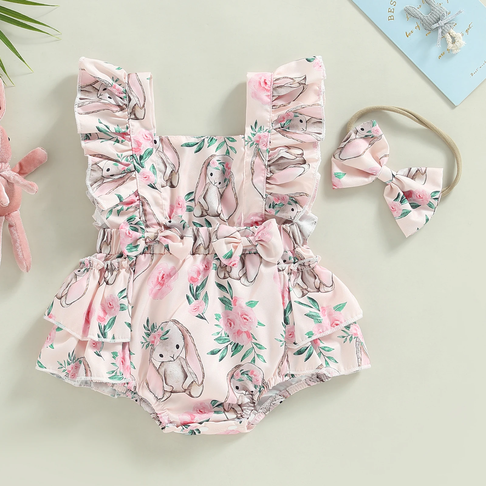 

Baby Girl Clothes Outfit Easter Bunny Romper Overalls Fly Sleeve Bow Bodysuit Tutu Jumpsuit with Headband Outfit Easter