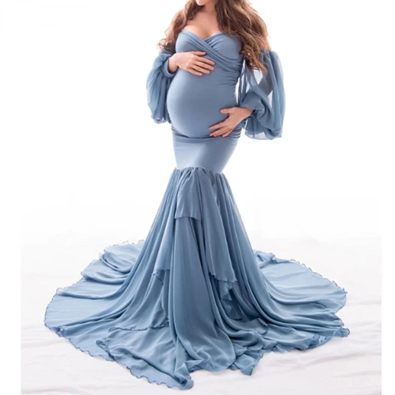 Women Off Shoulder Chiffon Long Sleeves Mermaid Pregnancy Maxi Gown Dress Photography Props Maternity Dress for Photo Shoot Sexy