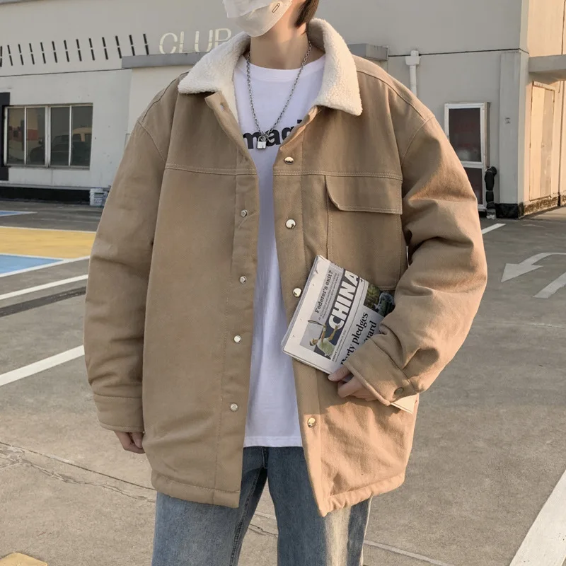 Men's Simple Faux Lamb Cashmere Tooling Jacket Thick Casual Loose Japanese Winter Coats  Outdoor Harajuku Mens Clothing