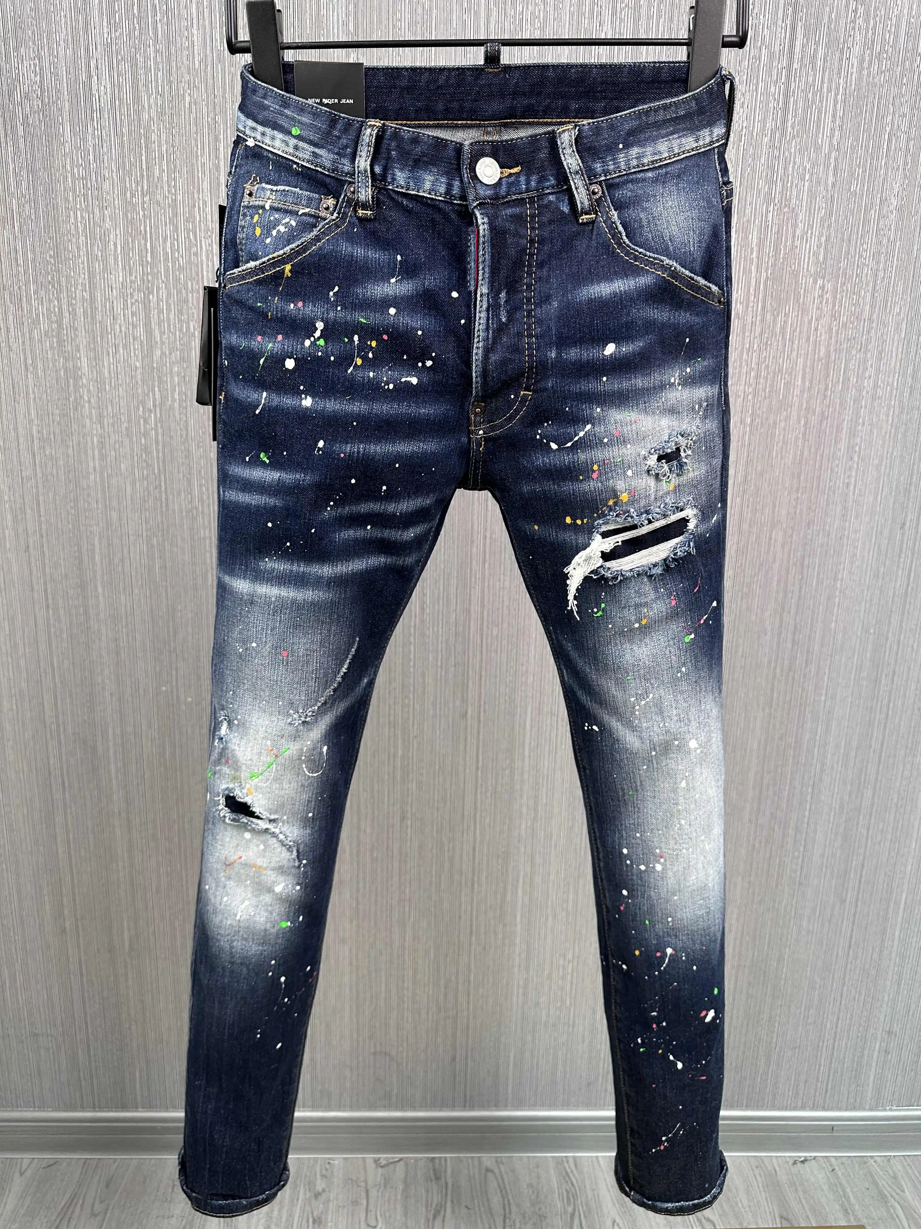 

2023 New Men's Color Spray Paint Hole Scratch Casua Fashion Pencil Pants Jeans 9892#