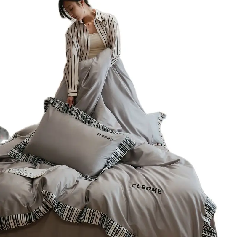 

Высококачественный комплект пододеяльников 100S из хлопка с длинной штапесой с вышивкой, серого и синего цвета, мягкая плоская простыня, приятная для кожи сумка для квилтбола