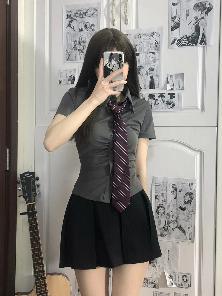 Pure Cotton Stretch Waist Hugging Shirts Summer Senior Schoolmate Jk Uniform Skirt Suit Original Genuine Figure-Flattering Sh...