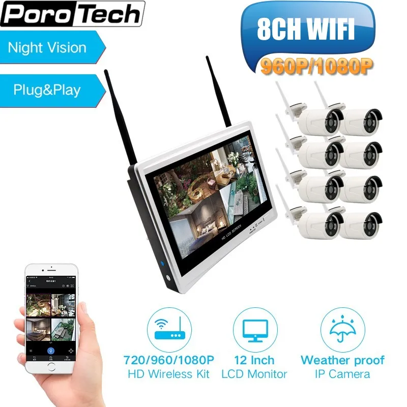 

12" LCD Screen 8CH WIFI NVR Kits Security Wireless Camera System 960P 1080P 2.0MP IR Outdoor IP Camera Video Surveillance Kits