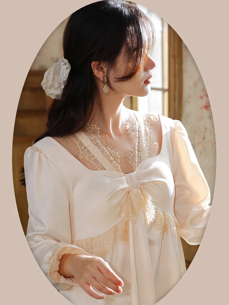 Long Sleeve Pajamas Women Female Spring Vintage Princess Lace V-Neck Ice Silk Nightdress with Chest Pads Home Clothes Sleepwear
