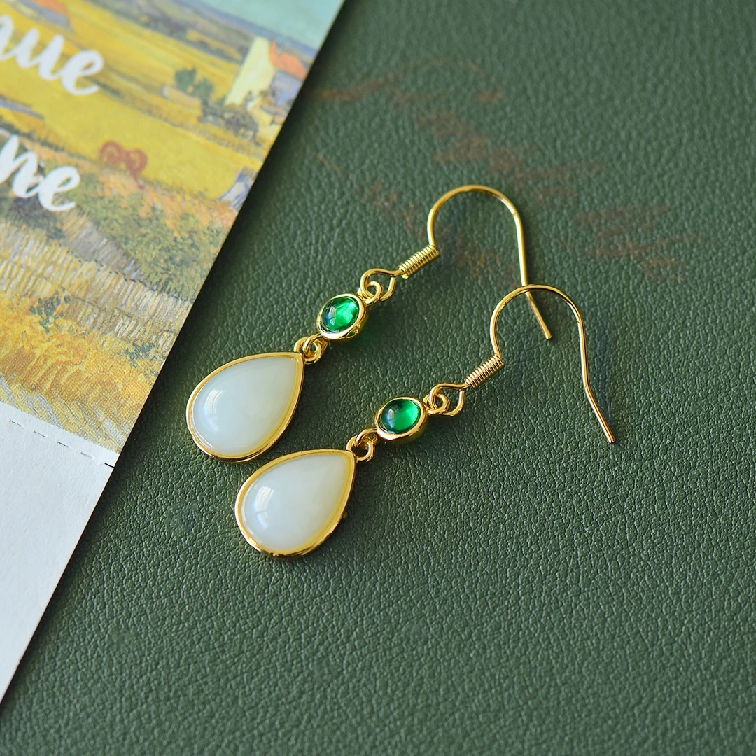 Серьги-подвески из натурального нефрита с белым нефритом женские ювелирные