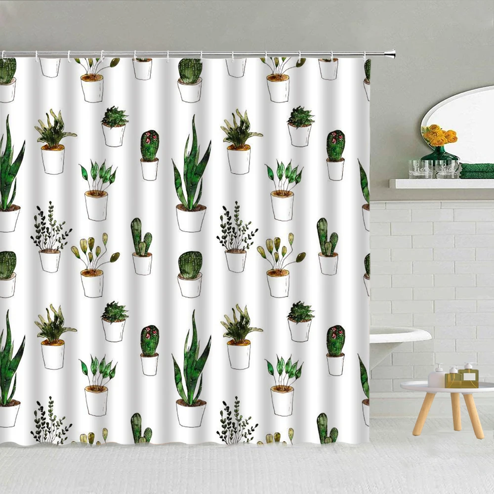 

Curtain Green Plant Marble Texture Backdrop Waterproof Cloth Hooks Curtains Set Bathroom Decor Accessories Cactus Flower Shower