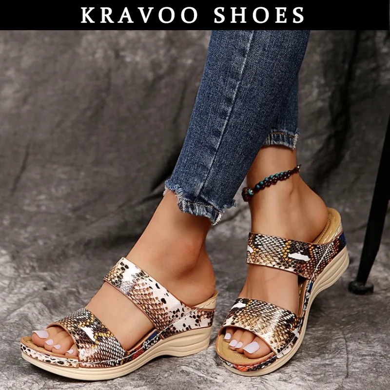 

KRAVOO Shoes for Women Thick Wedge Heel Increase Women's Sandals Snake Pattern Ladies Slippers Sandals Women Summer New Shoes